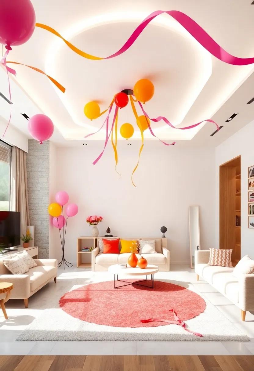Playful Balloon Shapes and Bright Ribbons Dancing Across Smooth White Surfaces in Cheerful Rooms