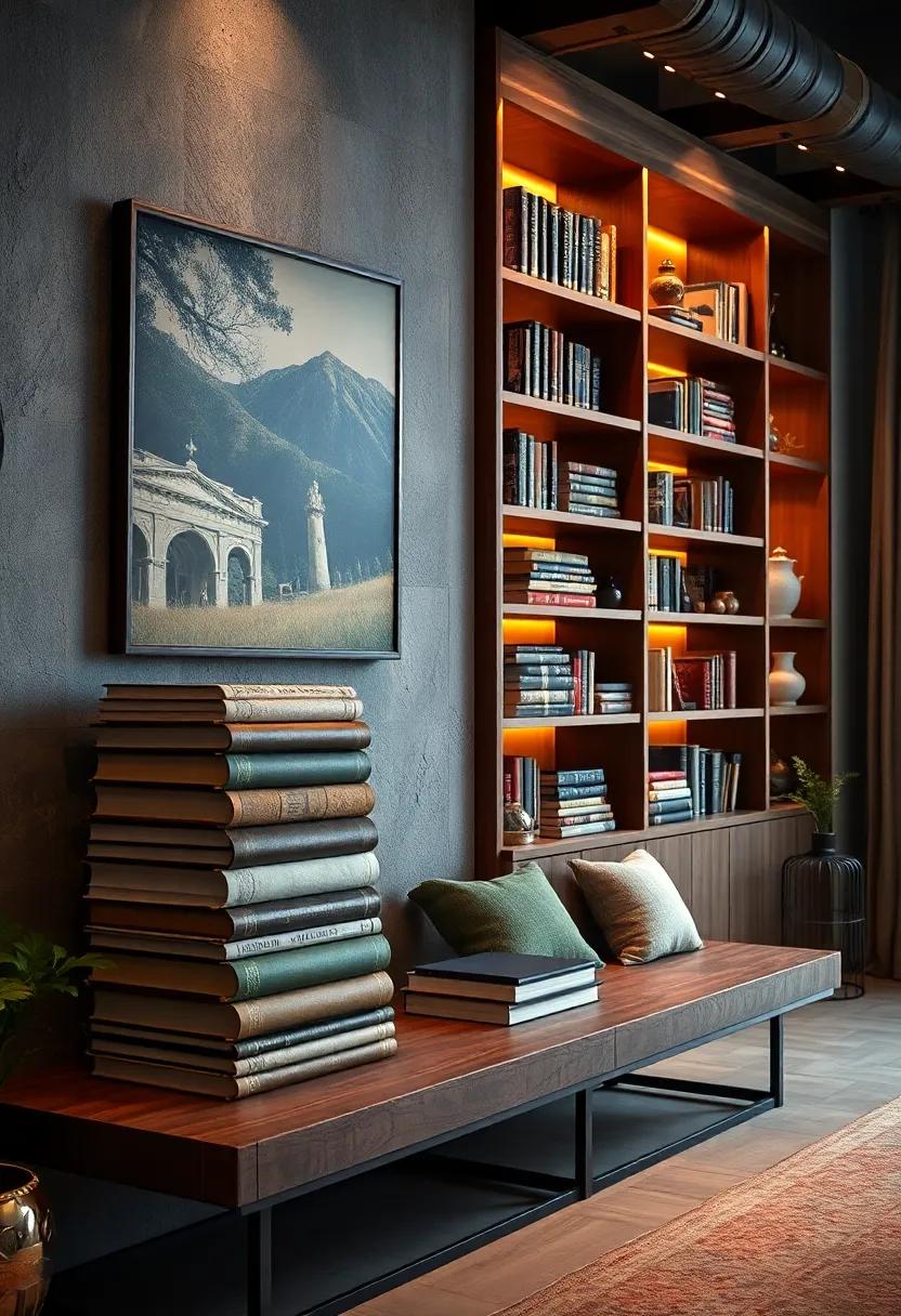 Timeless Vintage Books Stacked Elegantly Against a Rich Wooden Shelf With Dim Amber Lighting