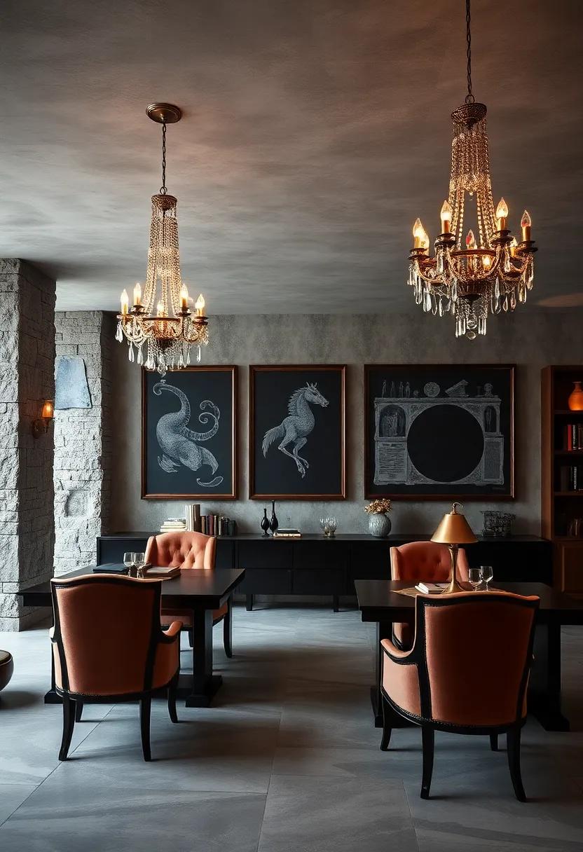 Elegant Chandeliers with Crystal Drops Casting Gentle Light Over Antique Writing Desks With Velvet Chairs