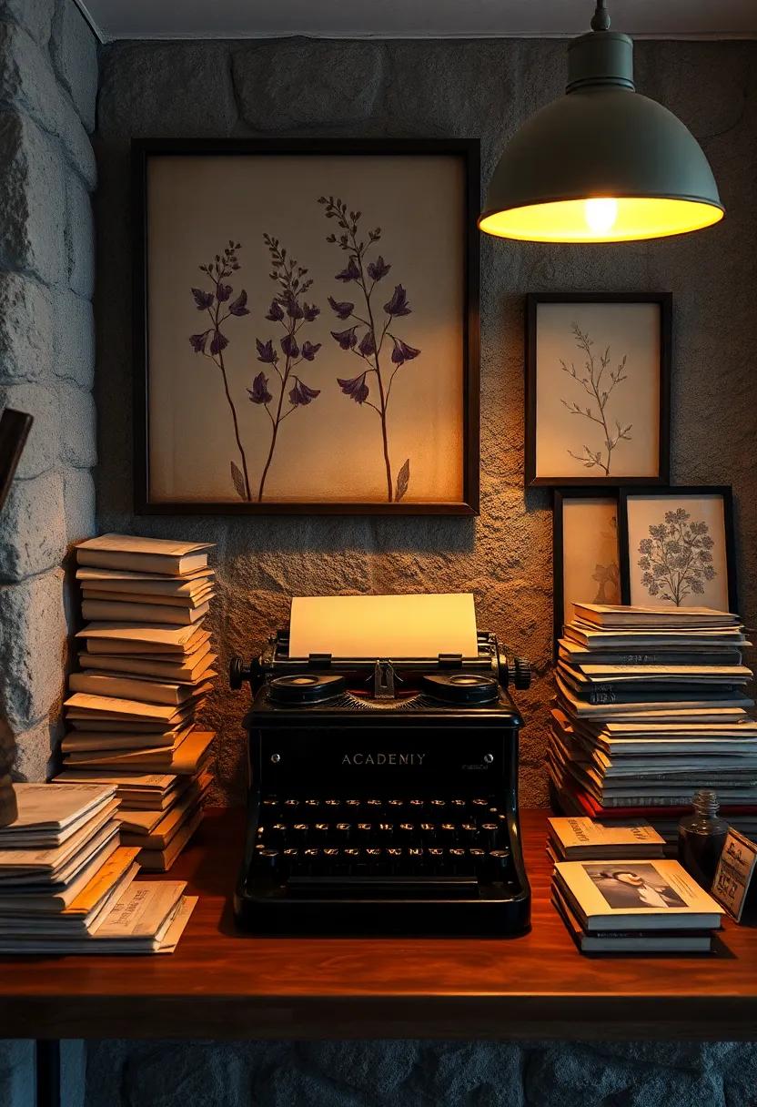 A Classic Typewriter Surrounded by Stacks of Aged Papers and Faded Botanical Prints Under Warm Lamp Glow