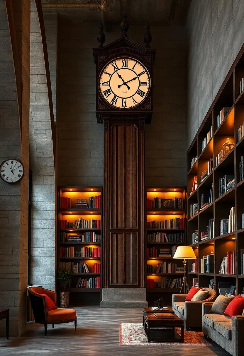 A Vintage Clock Tower with Roman Numerals Overlooking Rows of Elegant Bookcases Dimly Illuminated