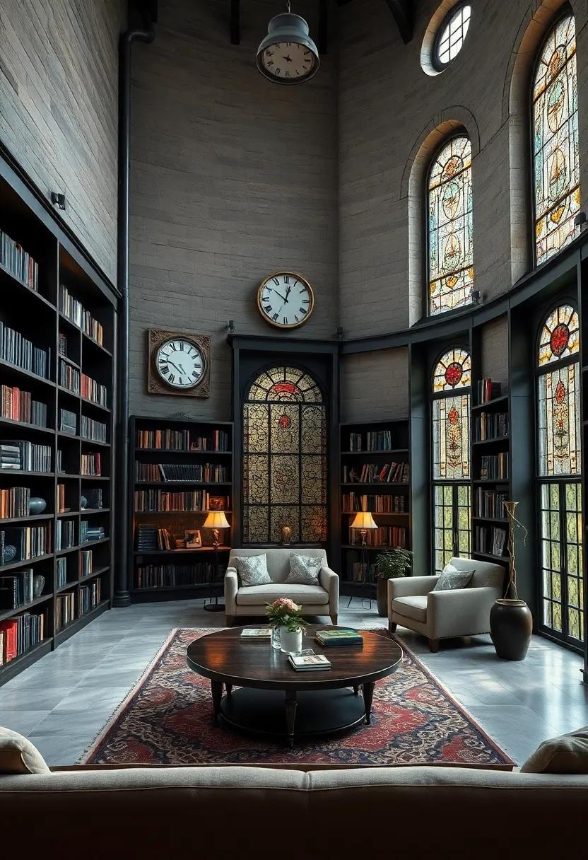 Moody Library Corners Featuring Tall Bookshelves, Vintage Clocks, and Stained Glass Windows
