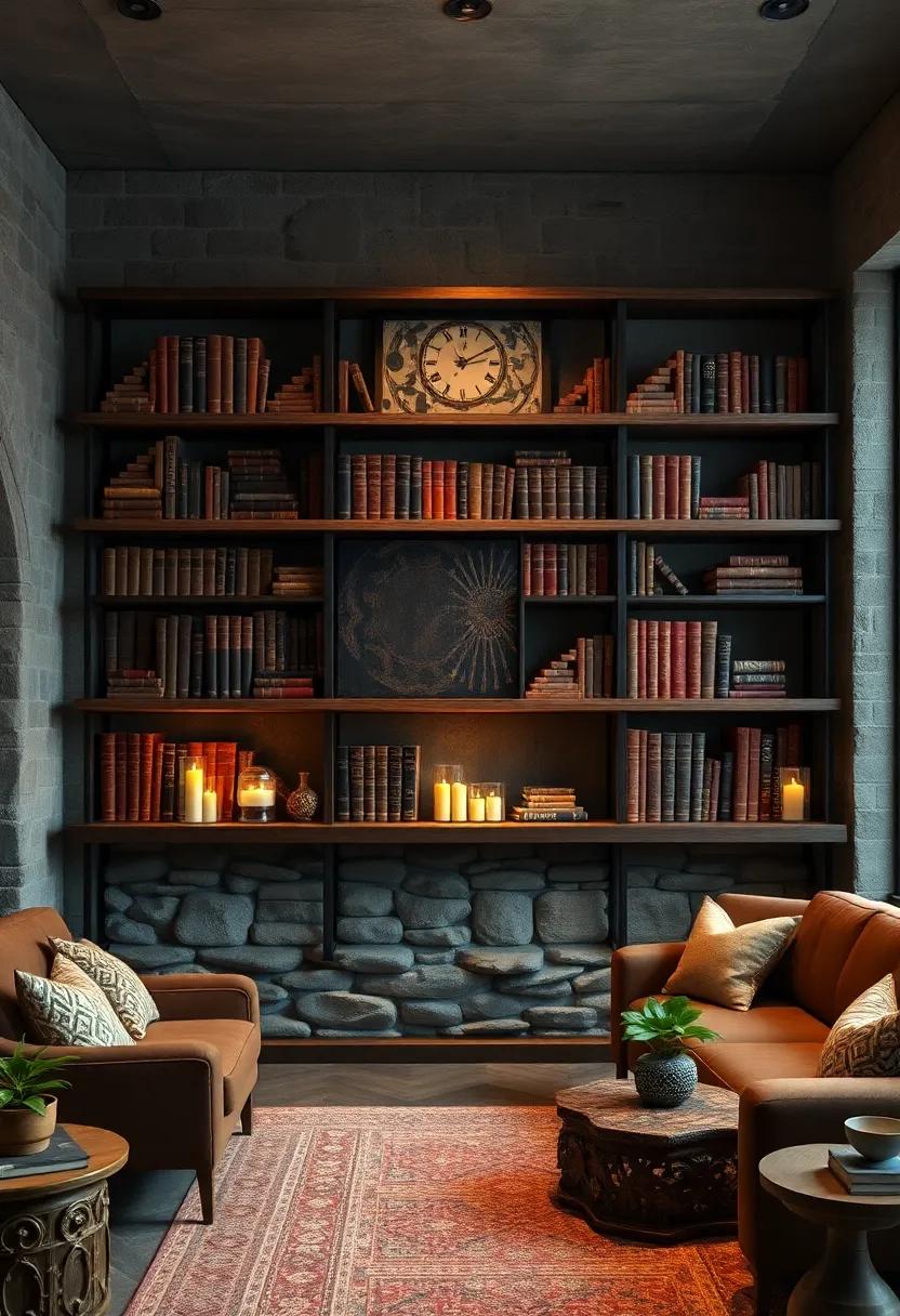 Rustic Wooden Bookshelves Laden With Leather-Bound Tomes and Softly Flickering Candlelight