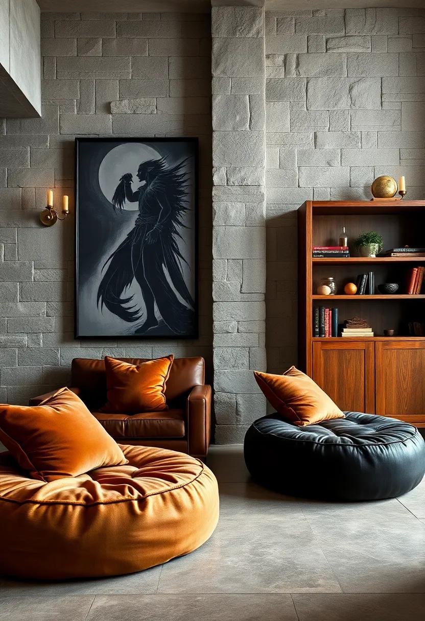 Luxurious Velvet Cushions Resting on Leather Poufs Next to Sturdy Oak Bookshelves and Antique Wall Lamps