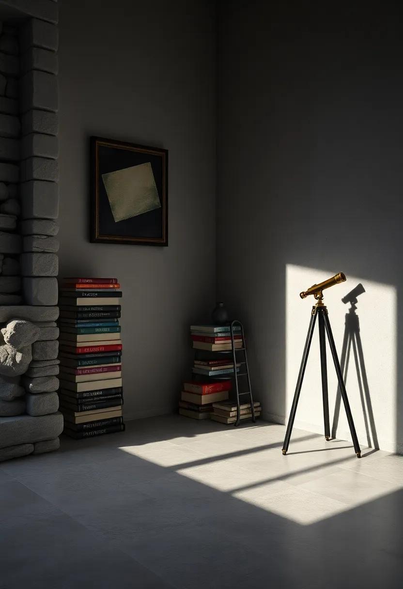 Dimly Lit Corner Featuring Stacked Books, A Vintage Telescope, and Soft Shadows Playing Across the Walls