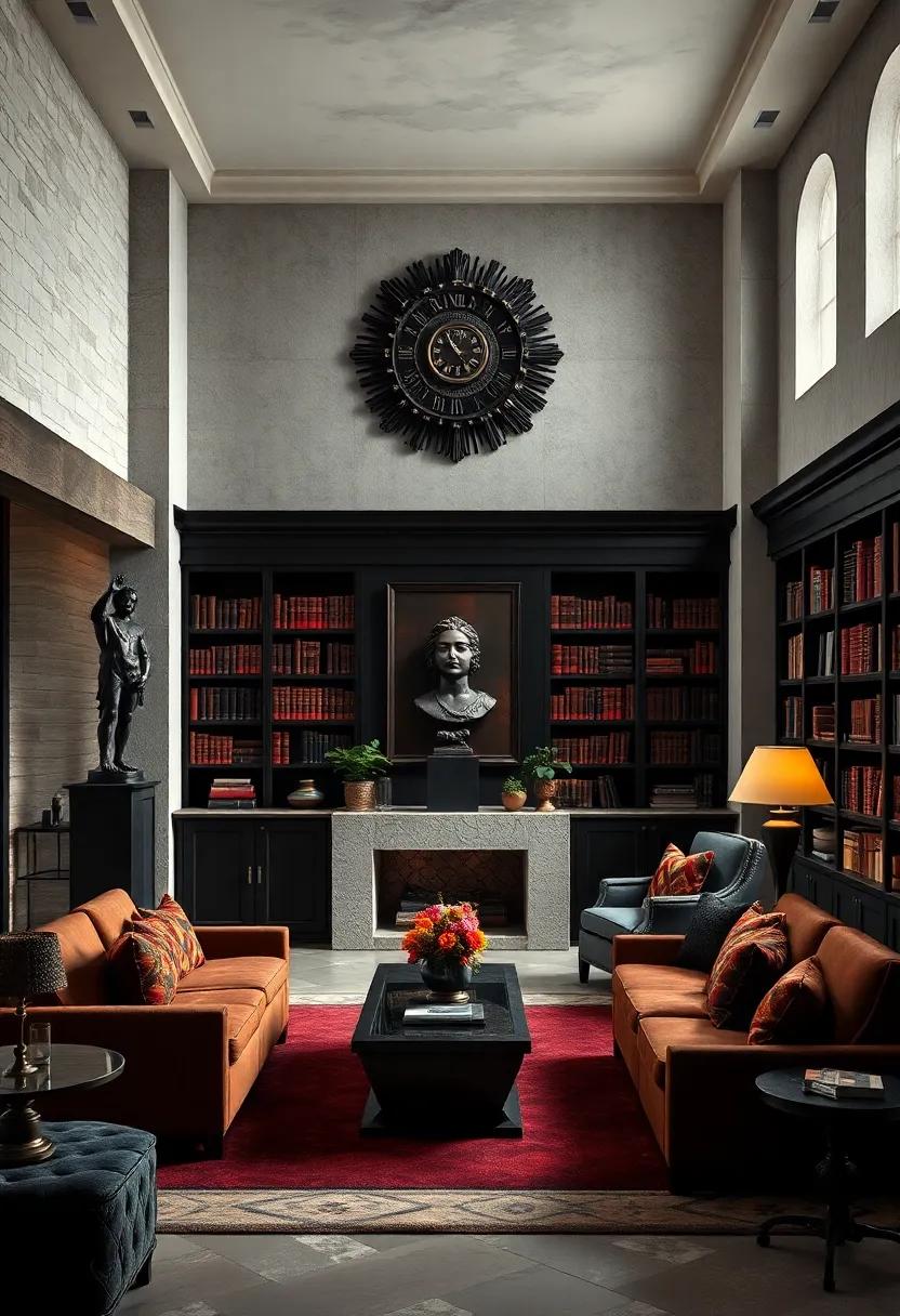Enigmatic Silhouettes of Bronze Statues and Dark Wooden Cabinets Laden With Rare Antiquarian Books