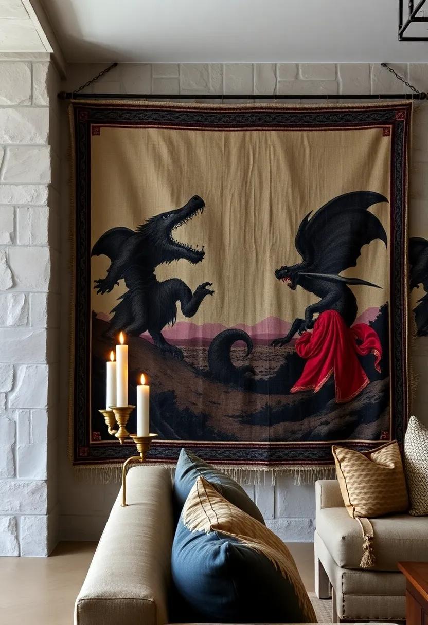 Thick, Handwoven Tapestries Depicting Mythical Scenes Hanging Beside Vintage Brass Candle Holders