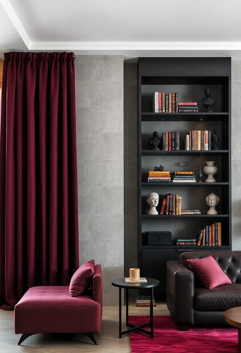 Velvet Drapes in Deep Burgundy Cascading Beside Shelves Filled With Classic Literature and Sculptures