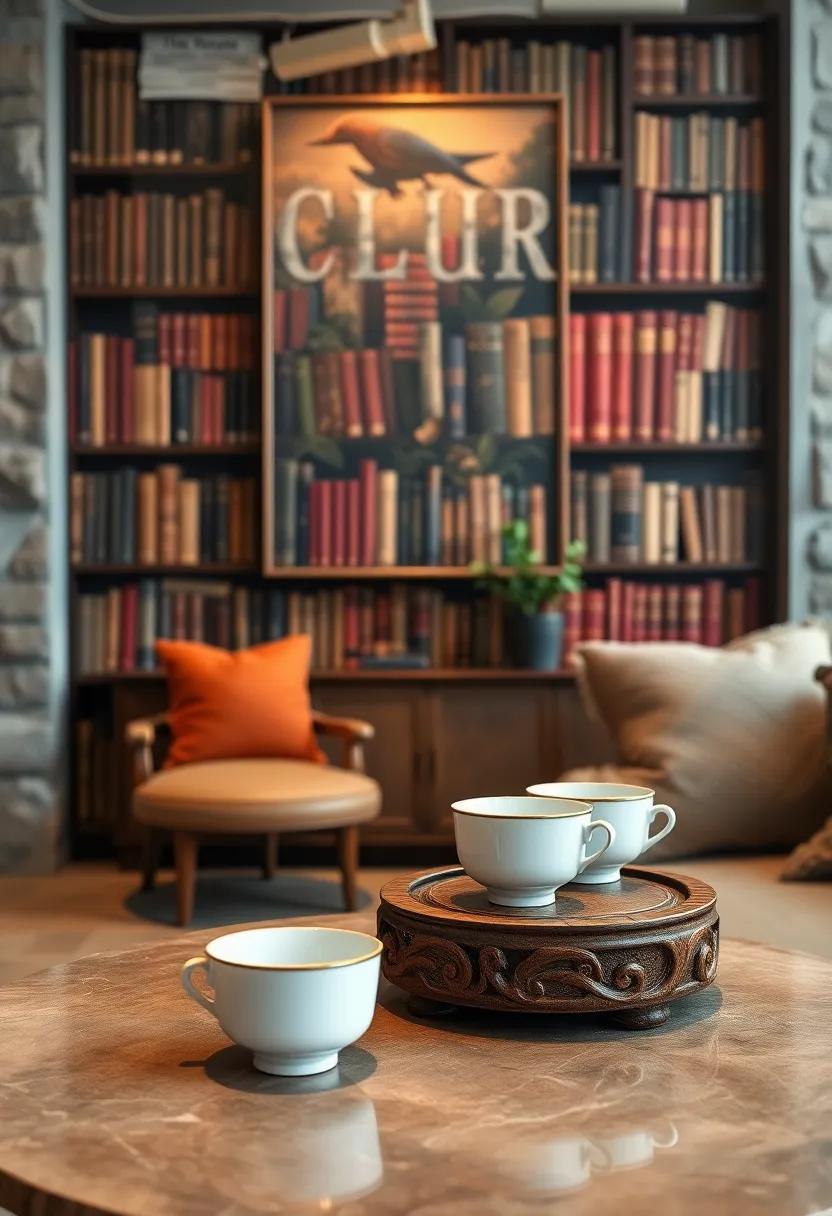 Close-Up of Delicate Porcelain Cups on a Carved Wooden Side Table Set Against Vintage Library Backdrop