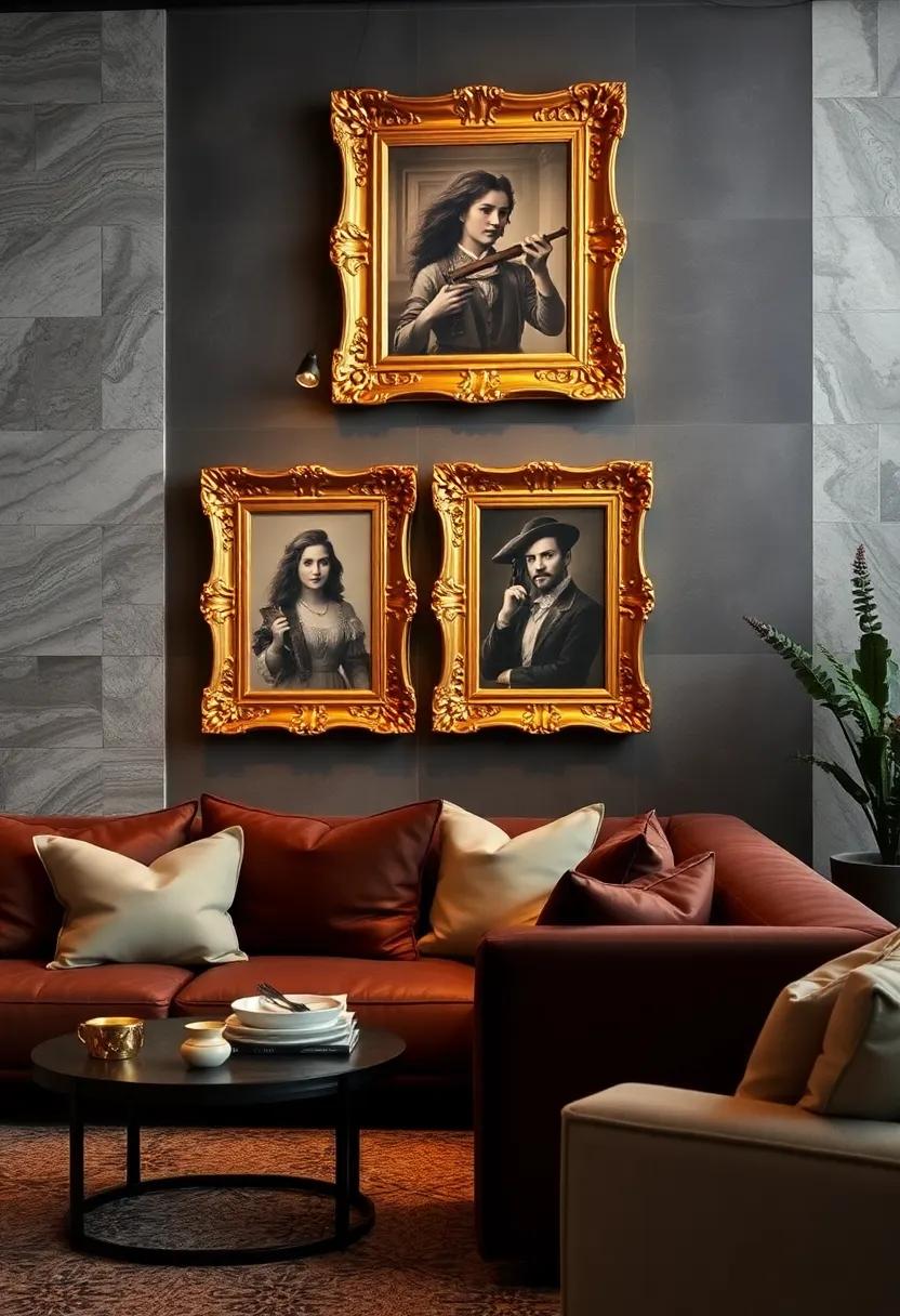 Detailed Close-Up of Ornate Gold Leaf Picture Frames Surrounding Sepia-Toned Portraits