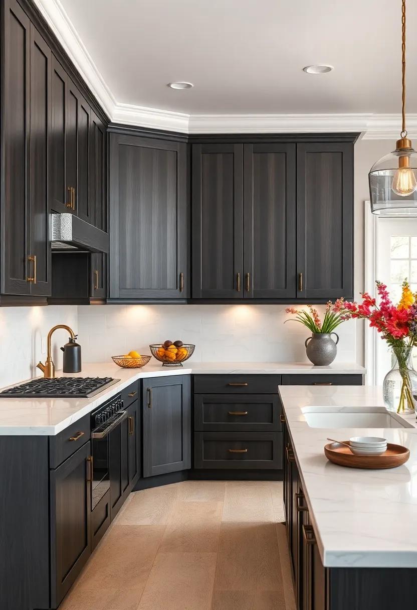 Dark Gray Stained Cabinets Blending Elegantly with Bright White Marble Countertops in a Spacious Kitchen