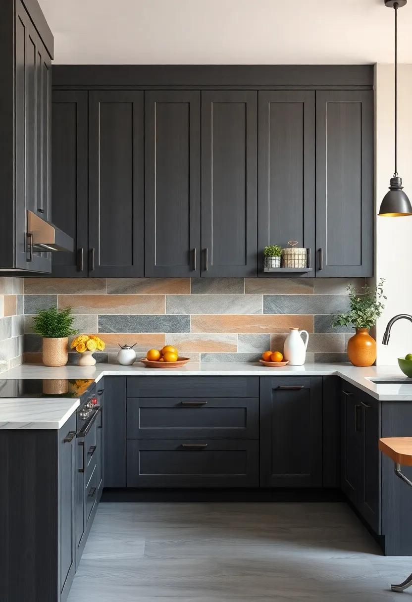 Dark Gray Cabinetry Serving as the Ideal Neutral Base for a Colorful Backsplash and Bold Decorative Elements