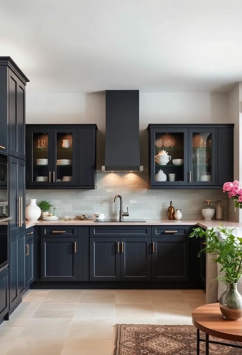 Dark Gray Stained Cabinets with Glass Front Displaying Fine China and Elegant Glassware in a Well-Lit Space