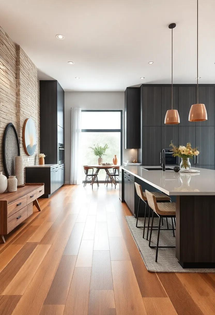 Contrast of Warm Wooden Floors and Cool Dark Gray Stained Kitchen Cabinets in a Contemporary Open-Plan Design