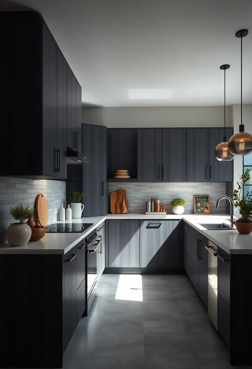 Moody Lighting Casting Soft Shadows Over Matte Dark Gray Wood Cabinets and Sleek Stainless Steel Appliances