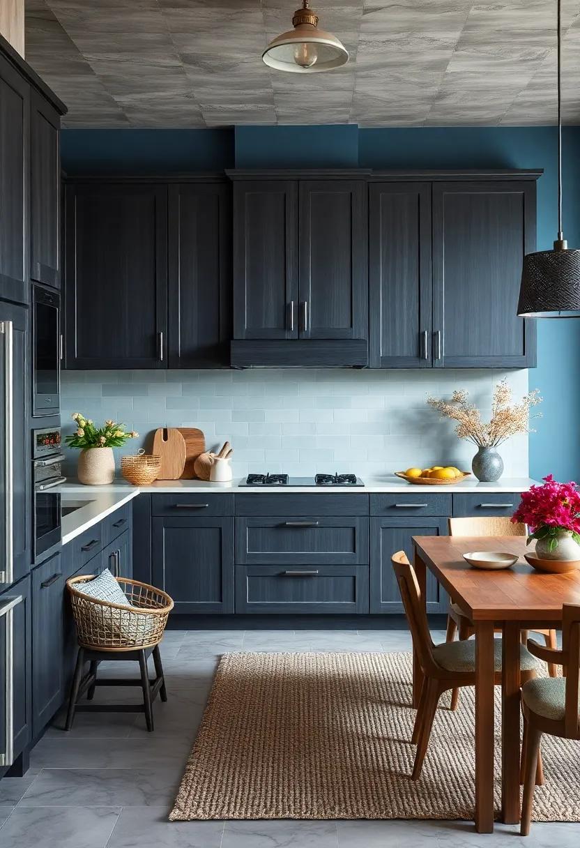 Dark Gray Cabinets Paired With Soft Blue Walls and Natural Fiber Rugs Creating a Calm and Inviting Atmosphere