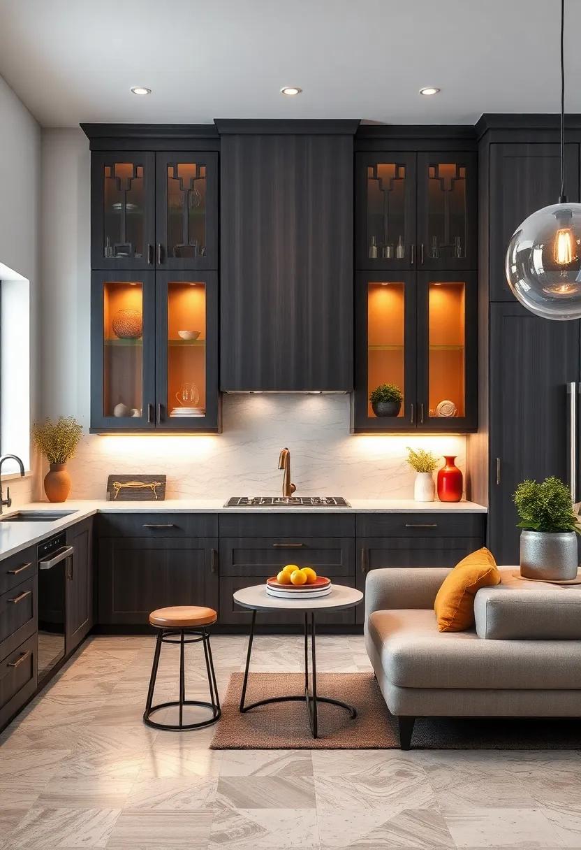 Dark Gray Cabinets with Under-Cabinet Lighting Creating an Inviting Glow Over Quartz Countertops and Patterned Floors