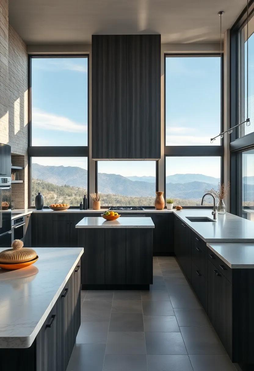 High-End Luxury Kitchen Displaying Dark Gray Cabinets Set Against Expansive Windows and Panoramic Outdoor Views