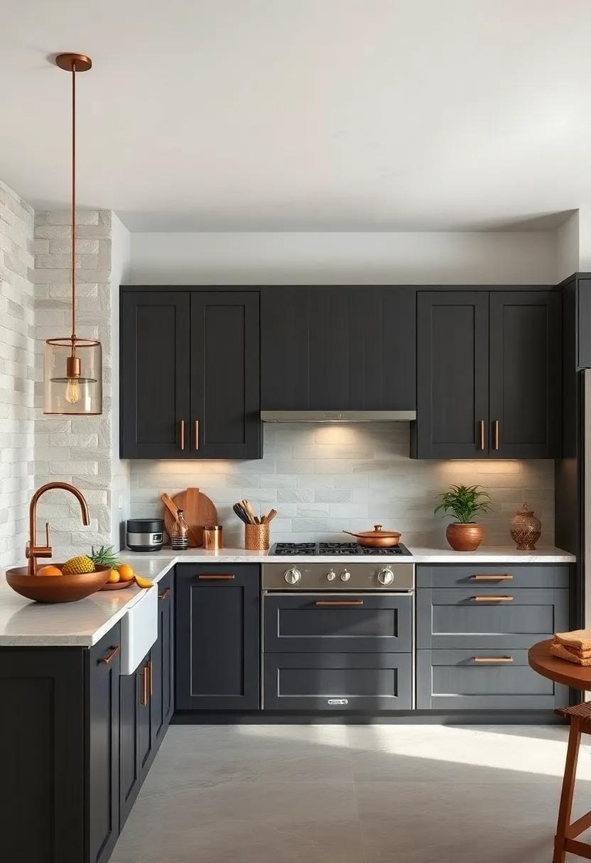 Elegant Contrast Between Sleek Dark Gray Cabinets and Warm Copper Accessories in a Modern Rustic Kitchen