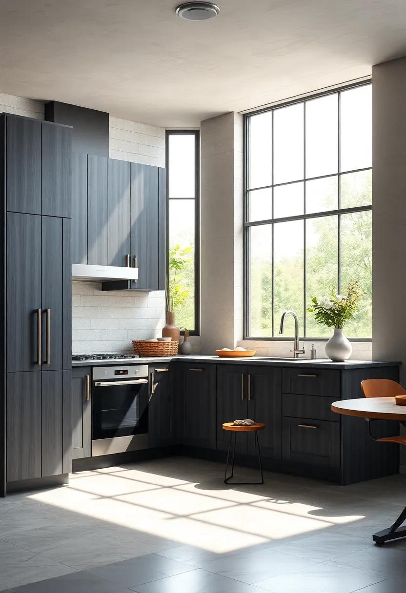 Sunlight Streaming Through Large Windows Illuminating Smooth Dark Gray Cabinet Doors and Polished Concrete Floors