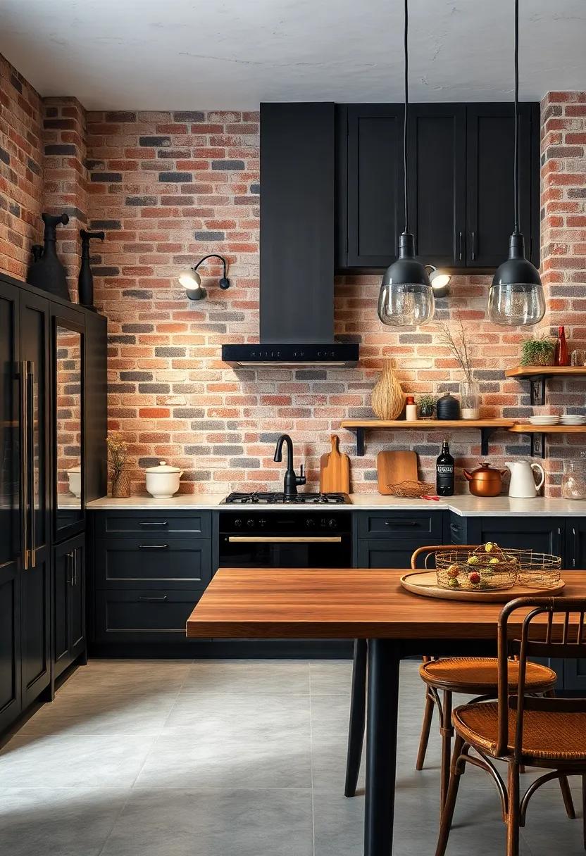 Industrial Style Kitchen Showcasing Dark Gray Cabinets Complemented by Exposed Brick Walls and Black Metal Fixtures