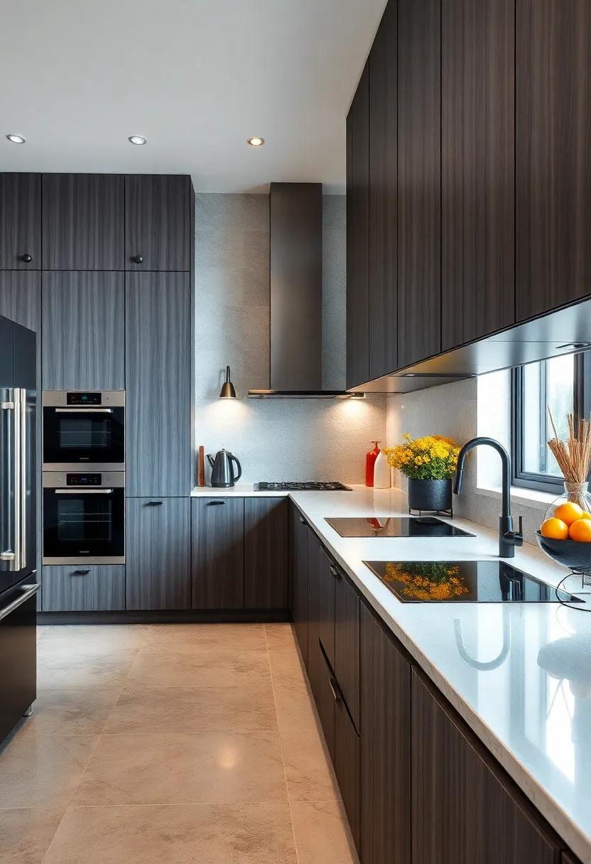 Ultra-Modern Kitchen Scene with Dark Gray Cabinets, Integrated Appliances, and Reflective High-Gloss Countertops