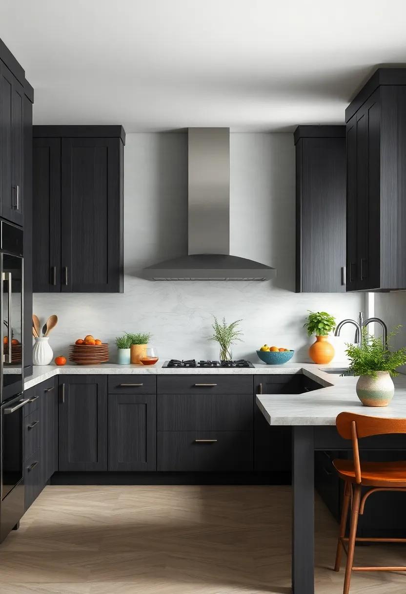 Dark Gray Stained Cabinets Creating a Sophisticated Backdrop for Colorful Ceramic Dishware and Fresh Herbs