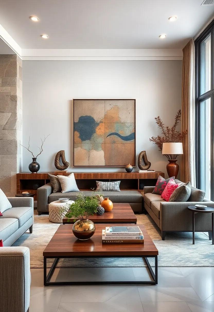 Layering Rustic and Contemporary Sculptures to Create Engaging Living Room Focal Points