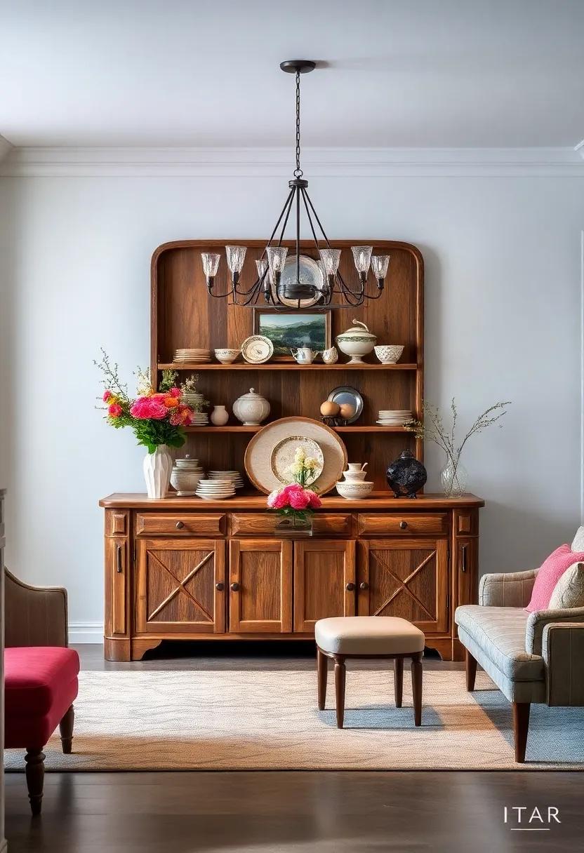 Elevate Your Dining Ambiance With a Rustic Wooden Buffet Displaying Vintage China and Fresh Floral Arrangements