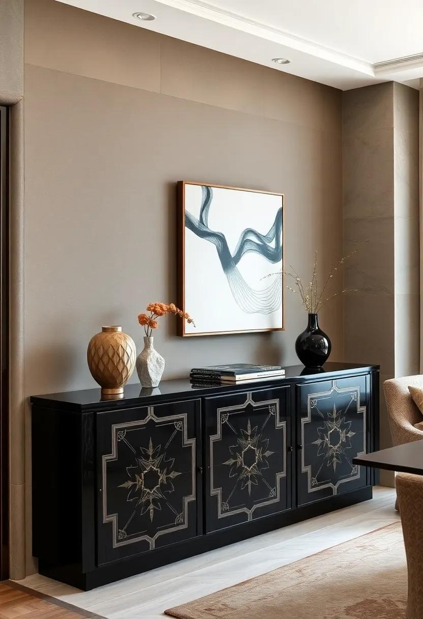 Art Deco Sideboard Embellished With Geometric Patterns and Luxurious Black Lacquered Finish for Bold Interior Flair