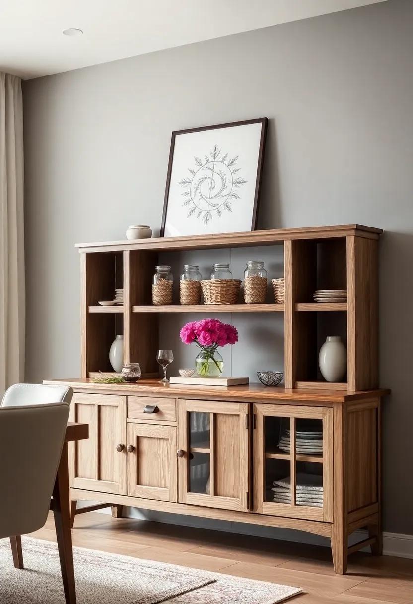 Modern Minimalist Sideboard Showcasing Sleek Lines and Stylish Glassware Against a Neutral Wall Palette