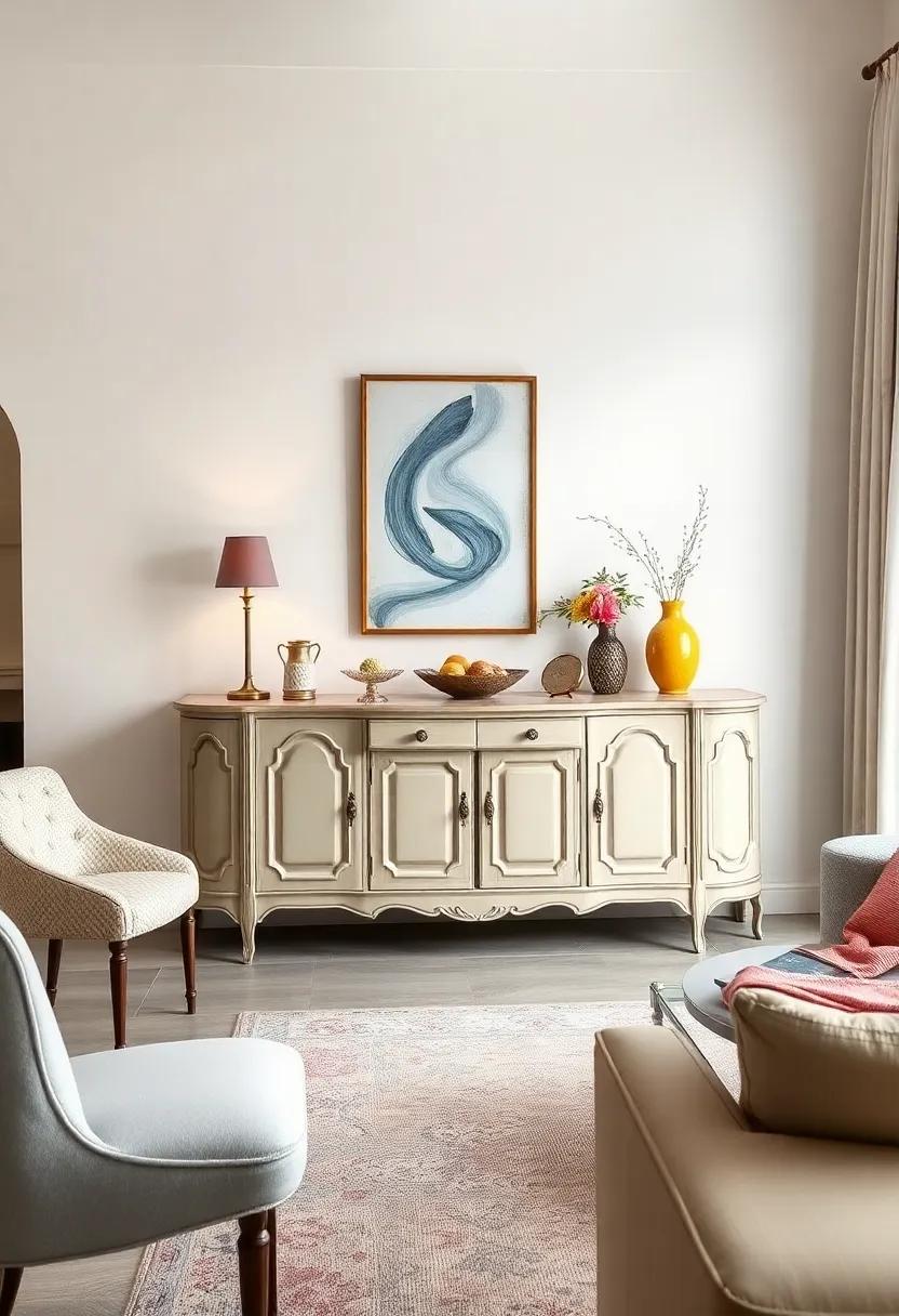 Vintage French Provincial Sideboard Presented With Ornate Handles and Distinctive Curves Within a Light Pastel Room
