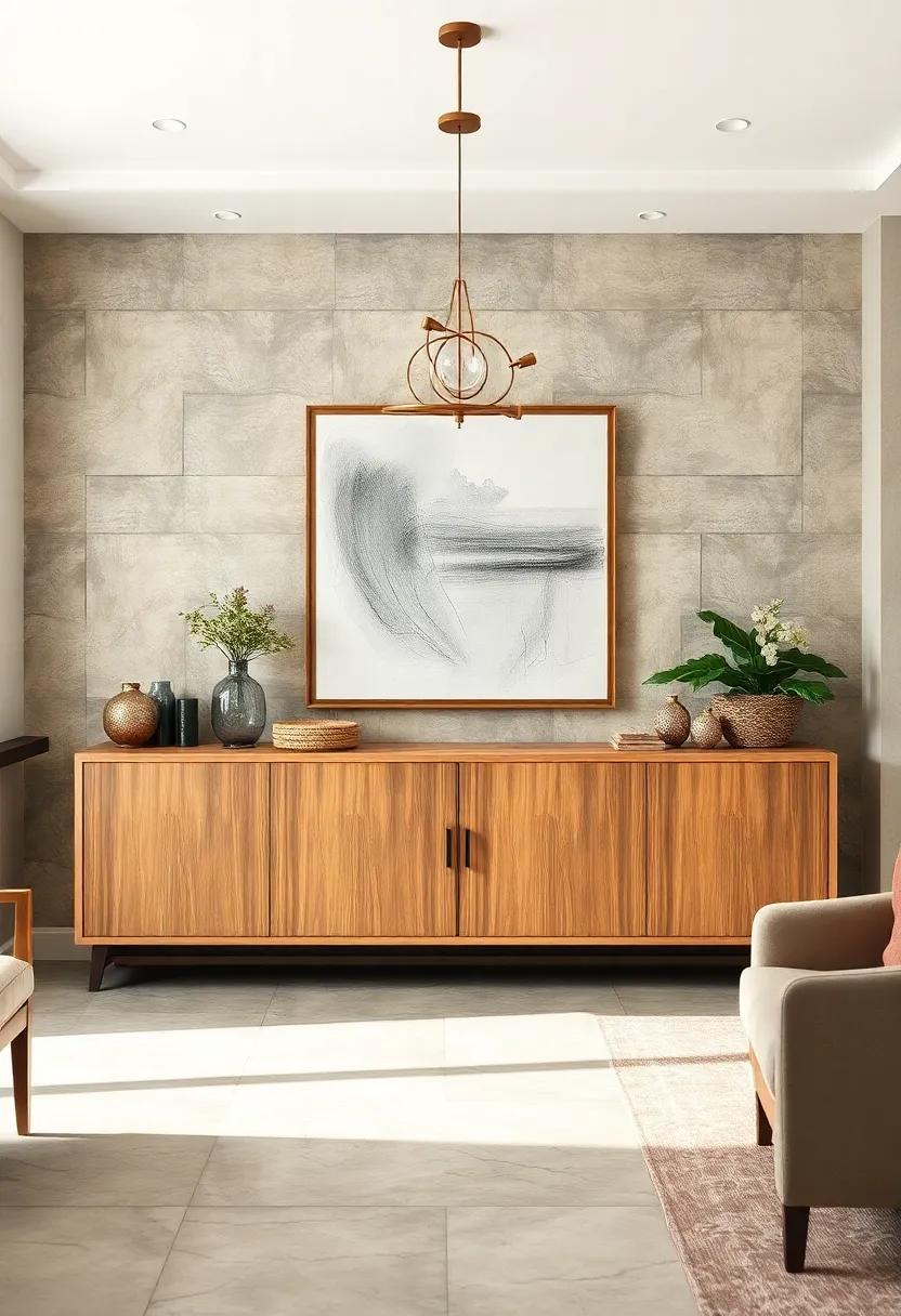 Transitional Design Buffet Blending Traditional Woodwork and Modern Silhouettes in a Soft Neutral Dining Environment