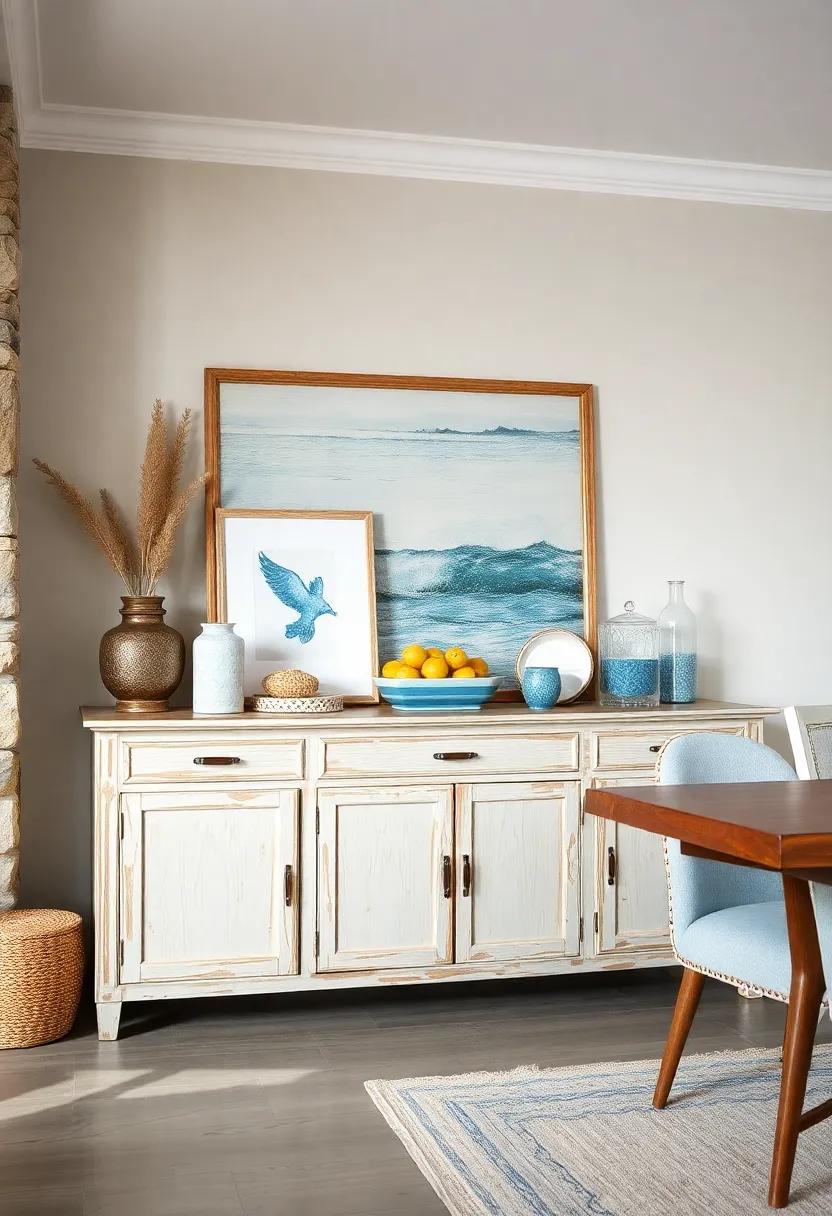 Coastal Inspired Buffet With Weathered Paint and Nautical Decor Pieces Featuring Soft Blue and Sand Tones