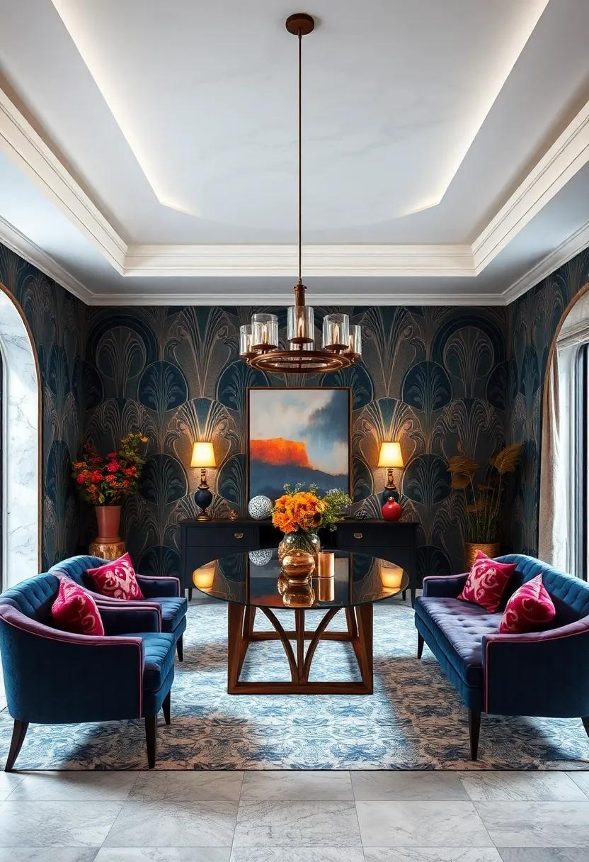 Art Deco Influences in Wallpaper Designs Using Symmetrical Patterns and Rich Jewel Tones for Luxury