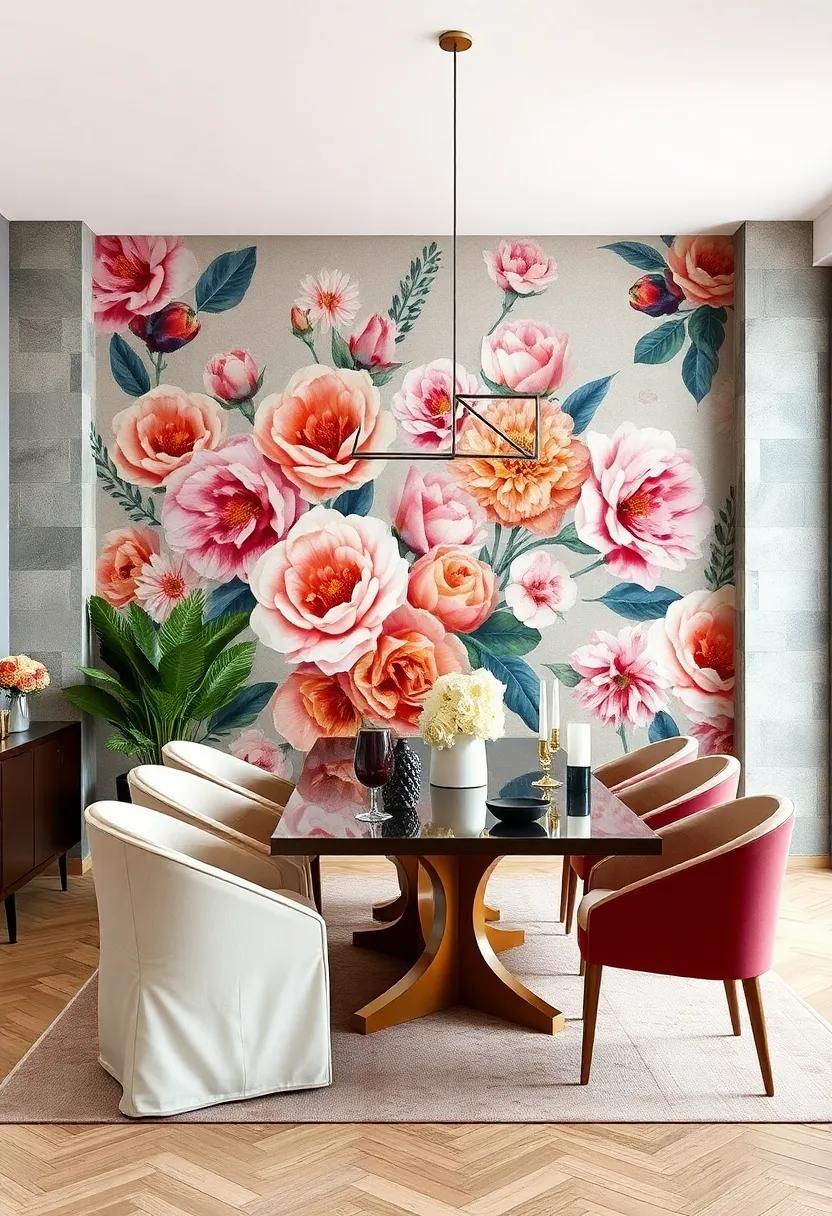 Large Scale Floral Murals That Transform a Dining Wall Into a Focal Point Filled with Color and Movement