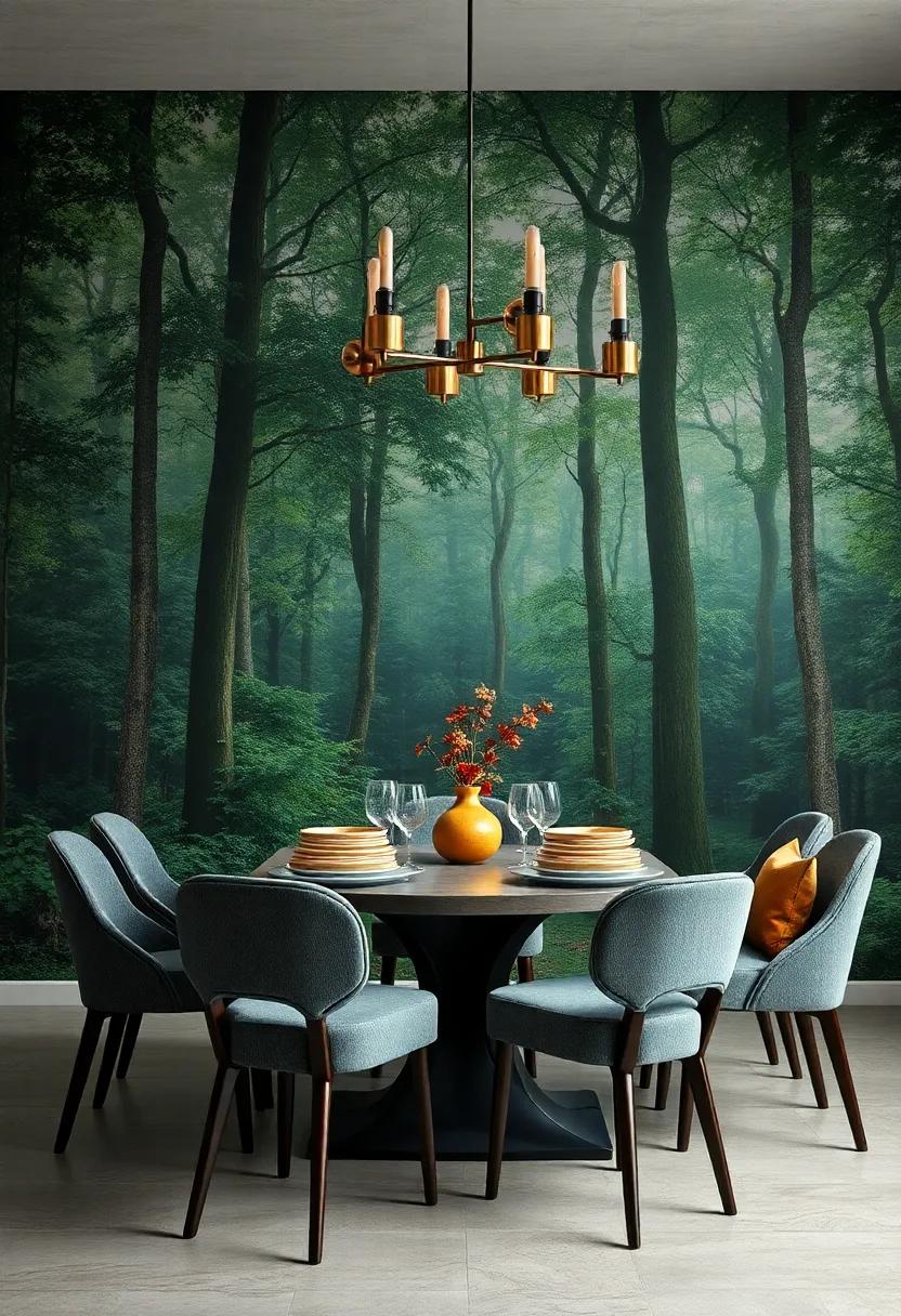 Moody Forest Backdrops with Deep Greens and Blues Inviting a Sense of Calm and Mystery to Dining Spaces