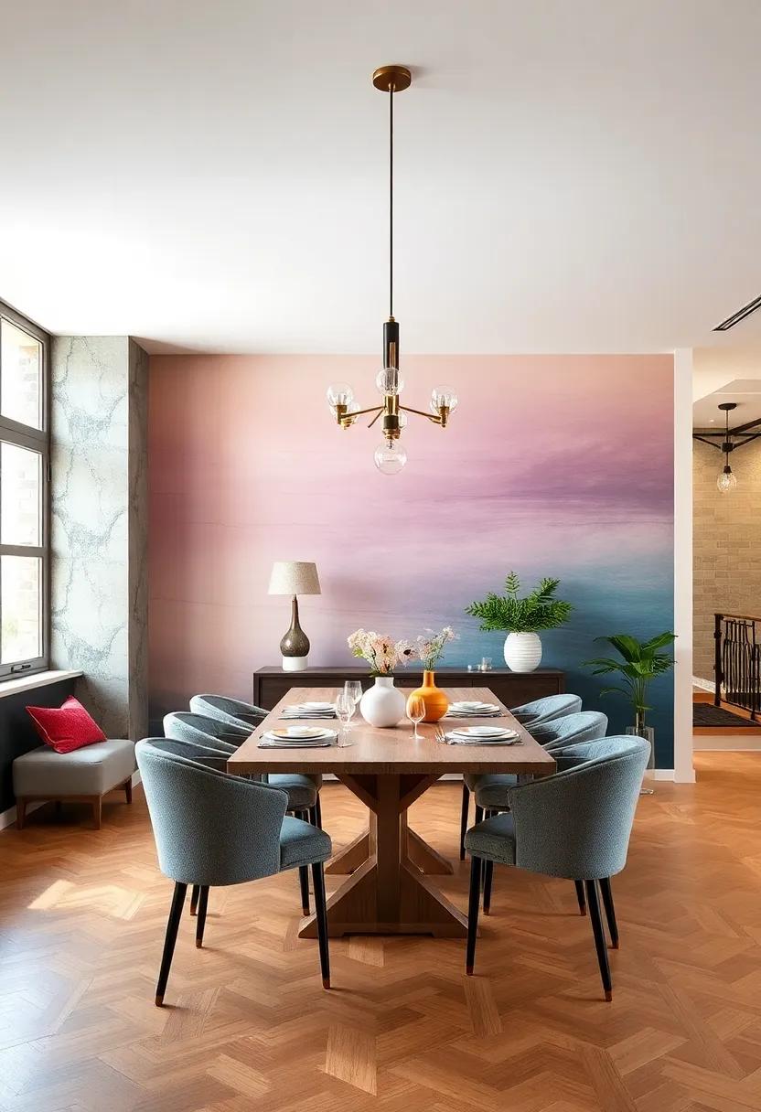 Soft Ombre Wallpapers Gradually Shifting Colors to Create Subtle Movement and Depth in the Dining Space