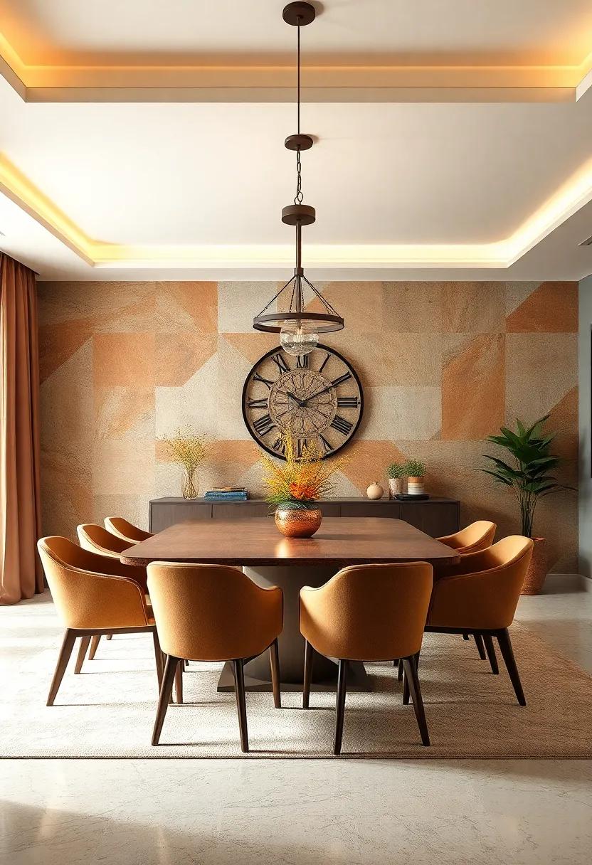 Warm Metallic Rust and Copper Tones Blending with Neutral Backgrounds to Bring Richness to Dining Walls