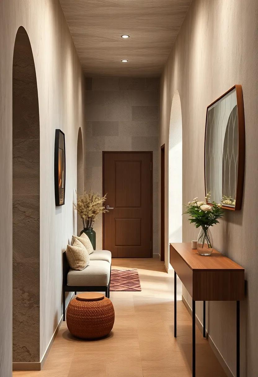 Blended Ash and Clay Tones Highlighting the Curves and Lines of a Narrow Cozy Hallway Space