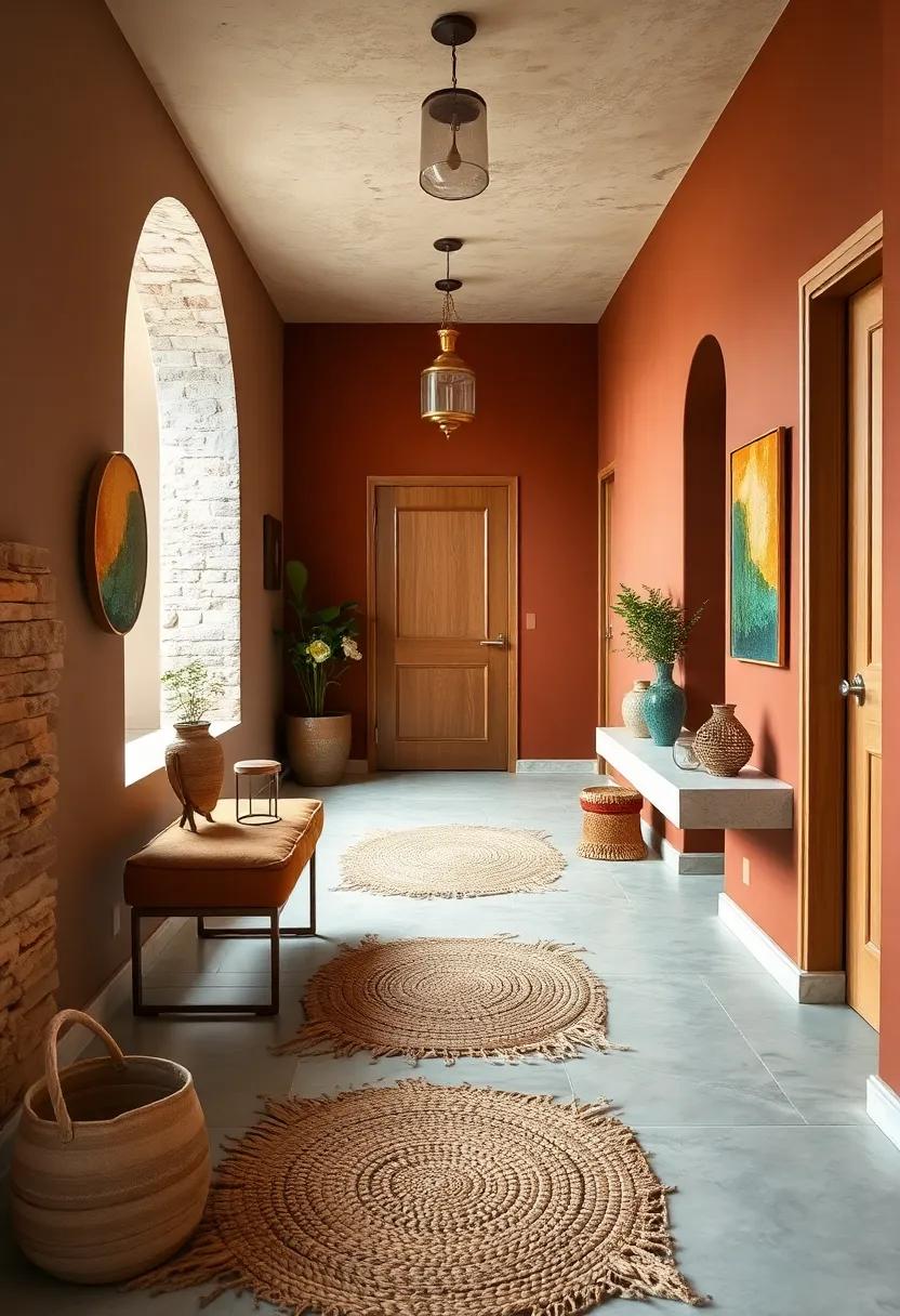 Dusky Terracotta Walls Complemented by Woven Jute Rugs and Antique Brass Accents for Warmth