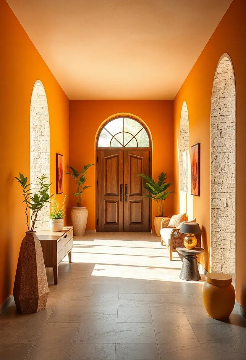 Earthy Marigold with Soft Stone Elements Offering a Warm Sunlit Feeling Throughout the Entrance