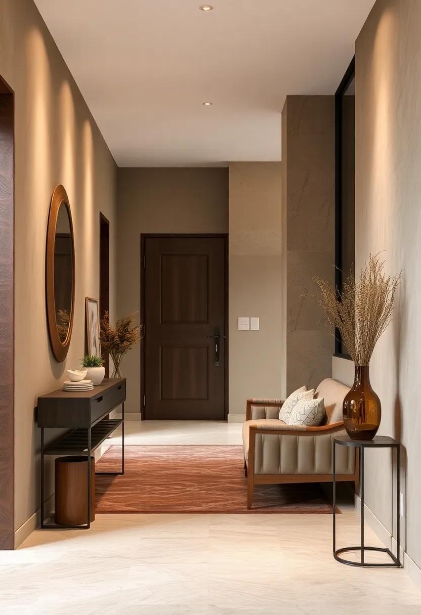 Layered Textures in Earthy Browns and Creams Enhance the Depth of a Narrow Hallway Space