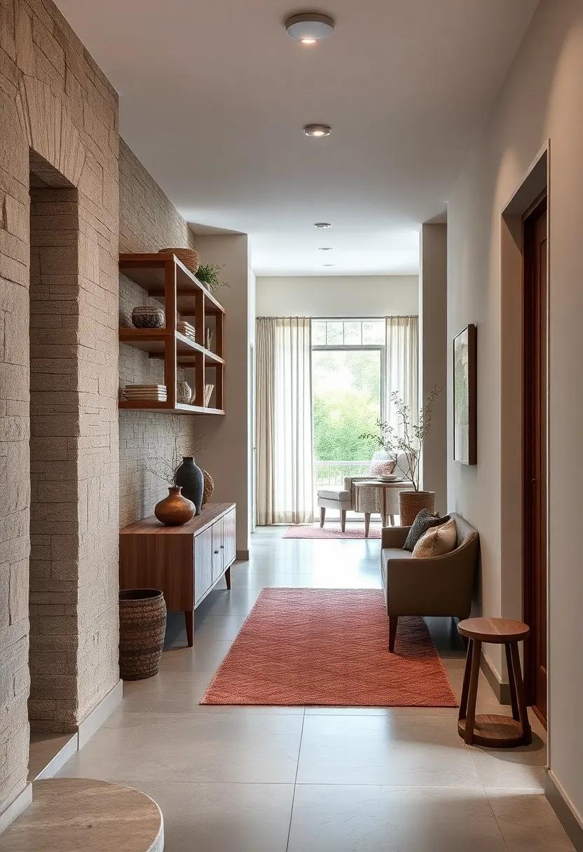 Light Walnut Shelving Accented by Weathered Textiles Creating a Sense of History and Comfort