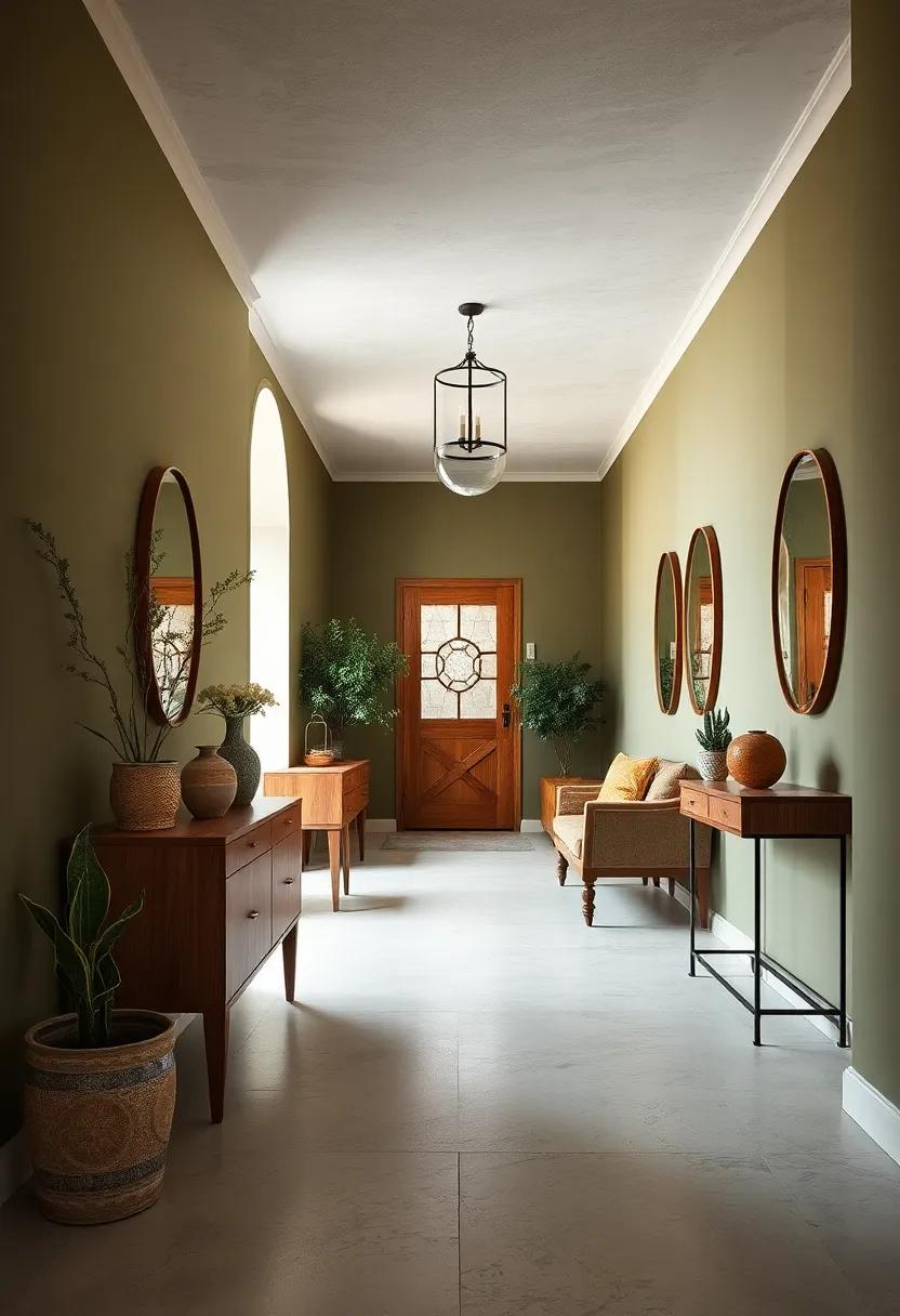 Muted Olive Green Walls with Weathered Oak Furniture Creating a Rustic Yet Elegant Hallway Vibe