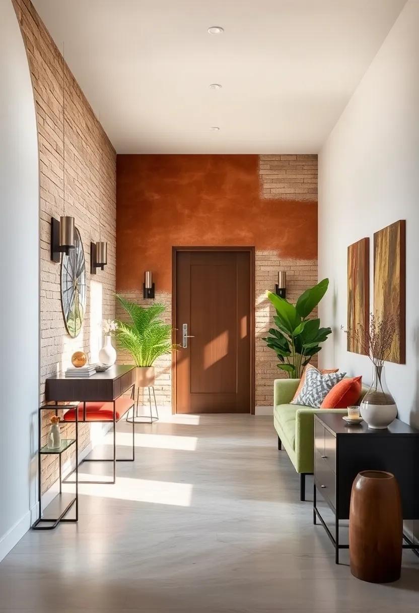 Rust-Toned Accent Wall with Soft Natural Light Enhancing the Inviting Feel of a Home Entrance