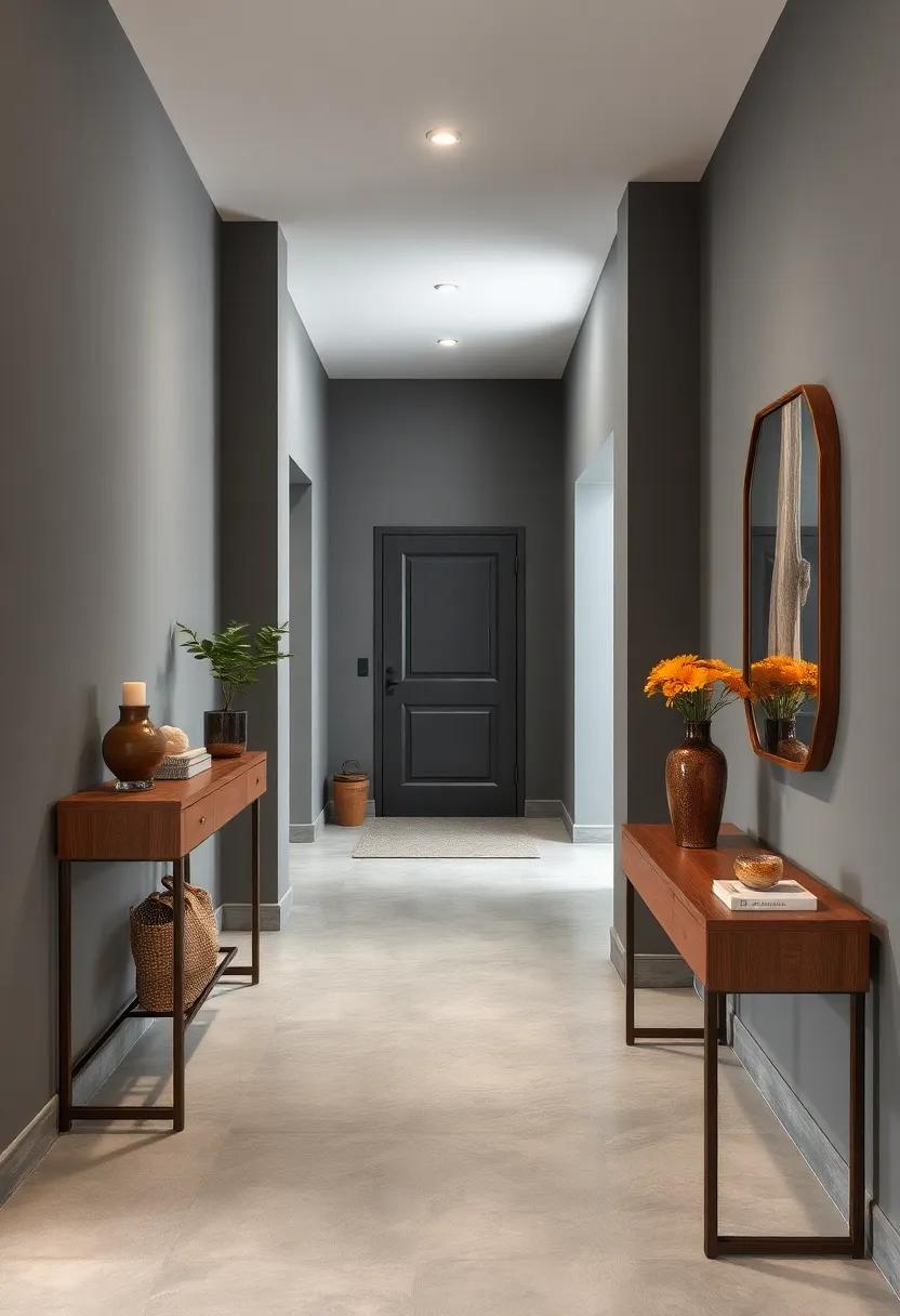 Smoke Gray Painted Walls with Warm Walnut Console Tables Reflecting Understated Elegance and Comfort