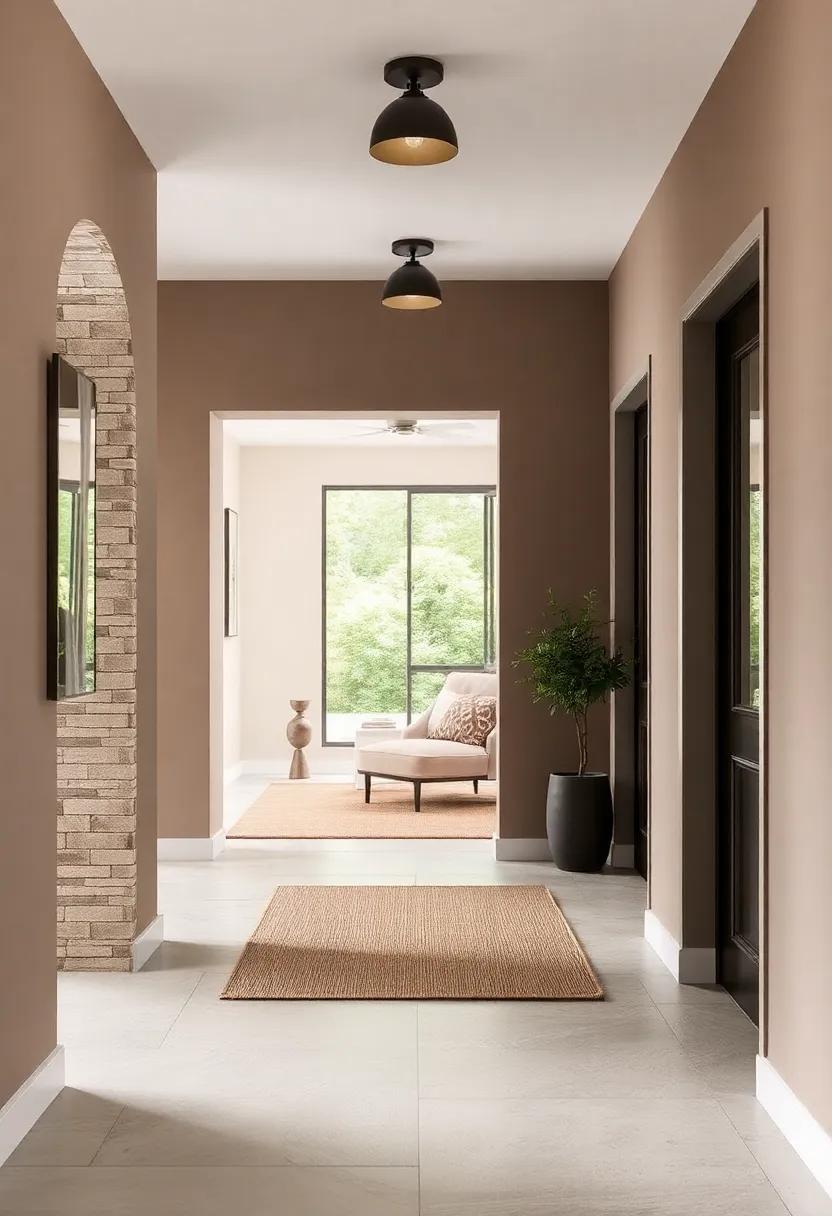 Soft Taupe Paint Accentuated by Matte Black Fixtures for a Modern Cozy Home Entrance Look