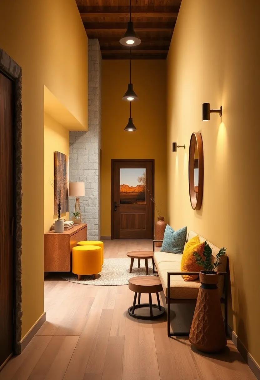 Subdued Mustard Yellow Palette Merged with Earth-Toned Art and Minimalist Fixtures for Vibrancy