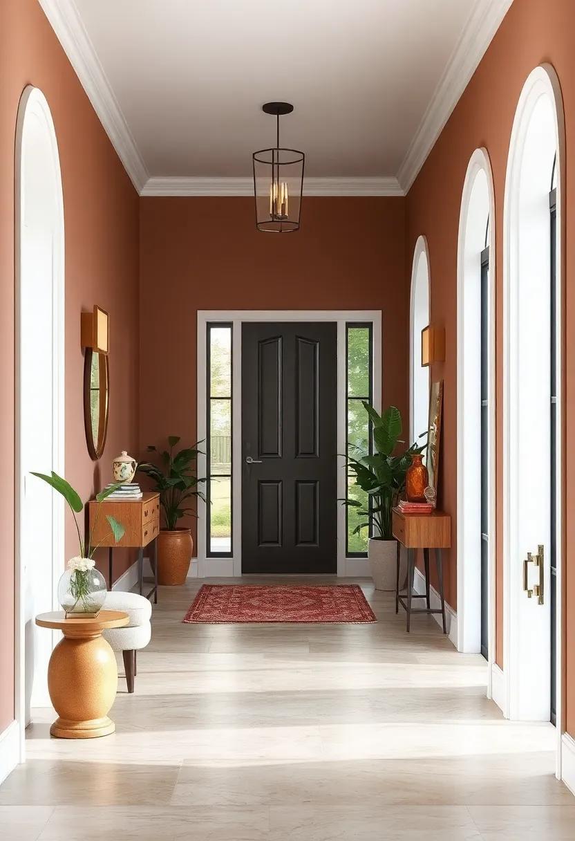 Subtle Clay Tones Blended with Soft White Trim Highlighting Architectural Details in a Cozy Entrance